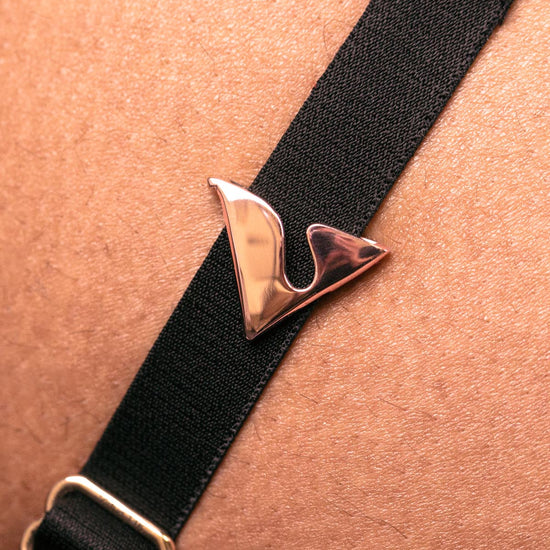 14K White Gold V Buckle Accessory on Black Strap CloseUp