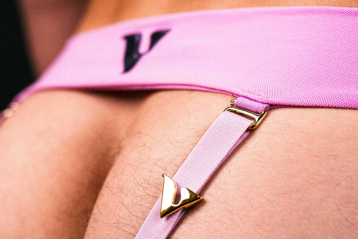 14K Yellow Gold V Buckle Accessory on Taffy Strap CloseUp