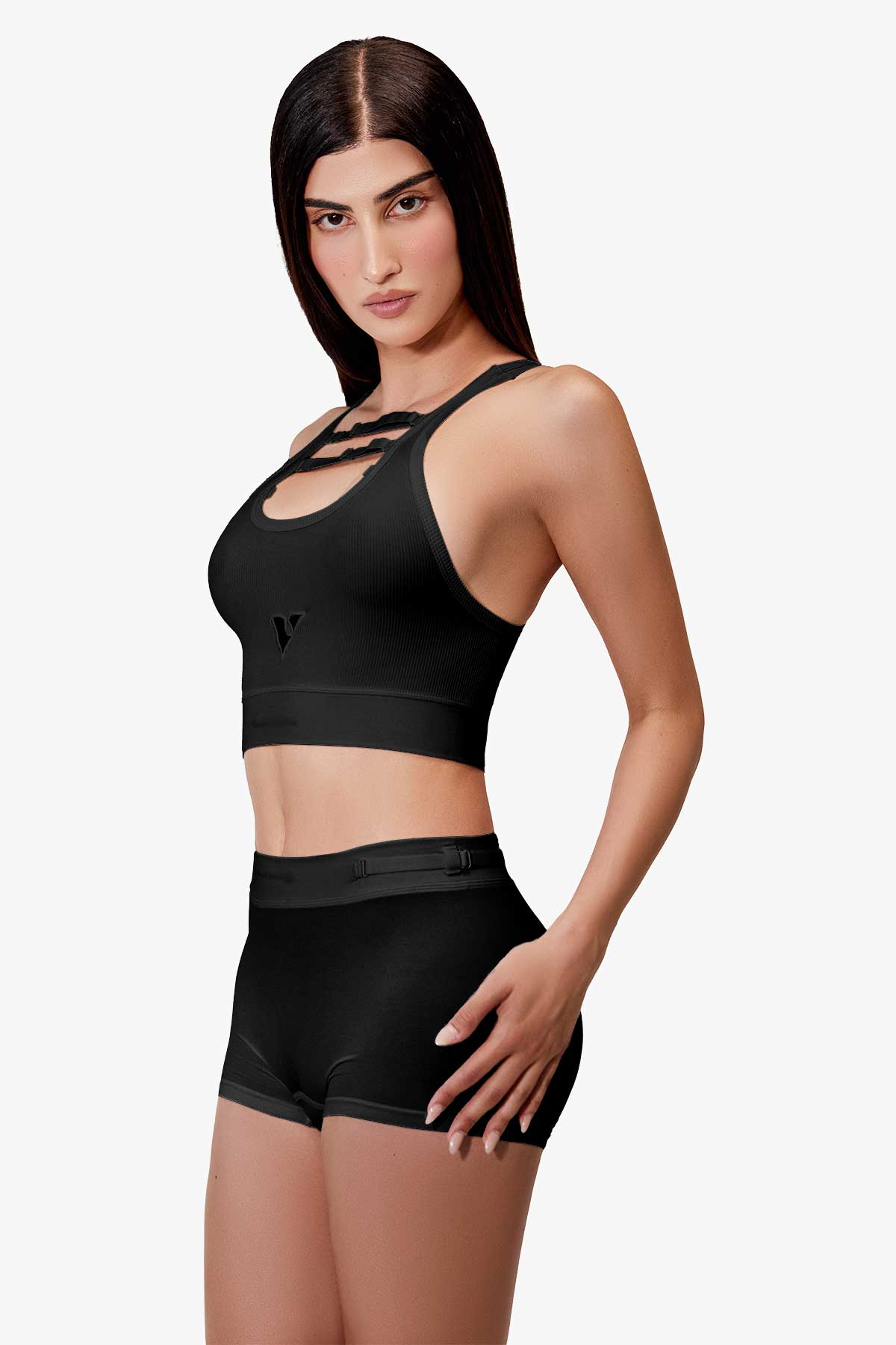 Woman modeling the black Sculpt Jockstrap 3" Trunk, front view — Color: Black