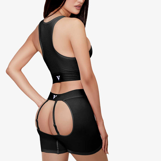 Woman modeling the black Sculpt Jockstrap 5" Trunk with removable straps, three-quarter back view — Color: Black