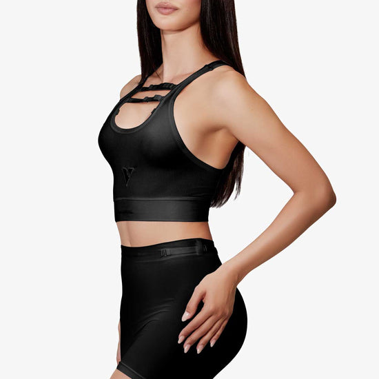 Woman modeling the black Training  5" Trunk with removable straps, three-quarter front view — Color: Black