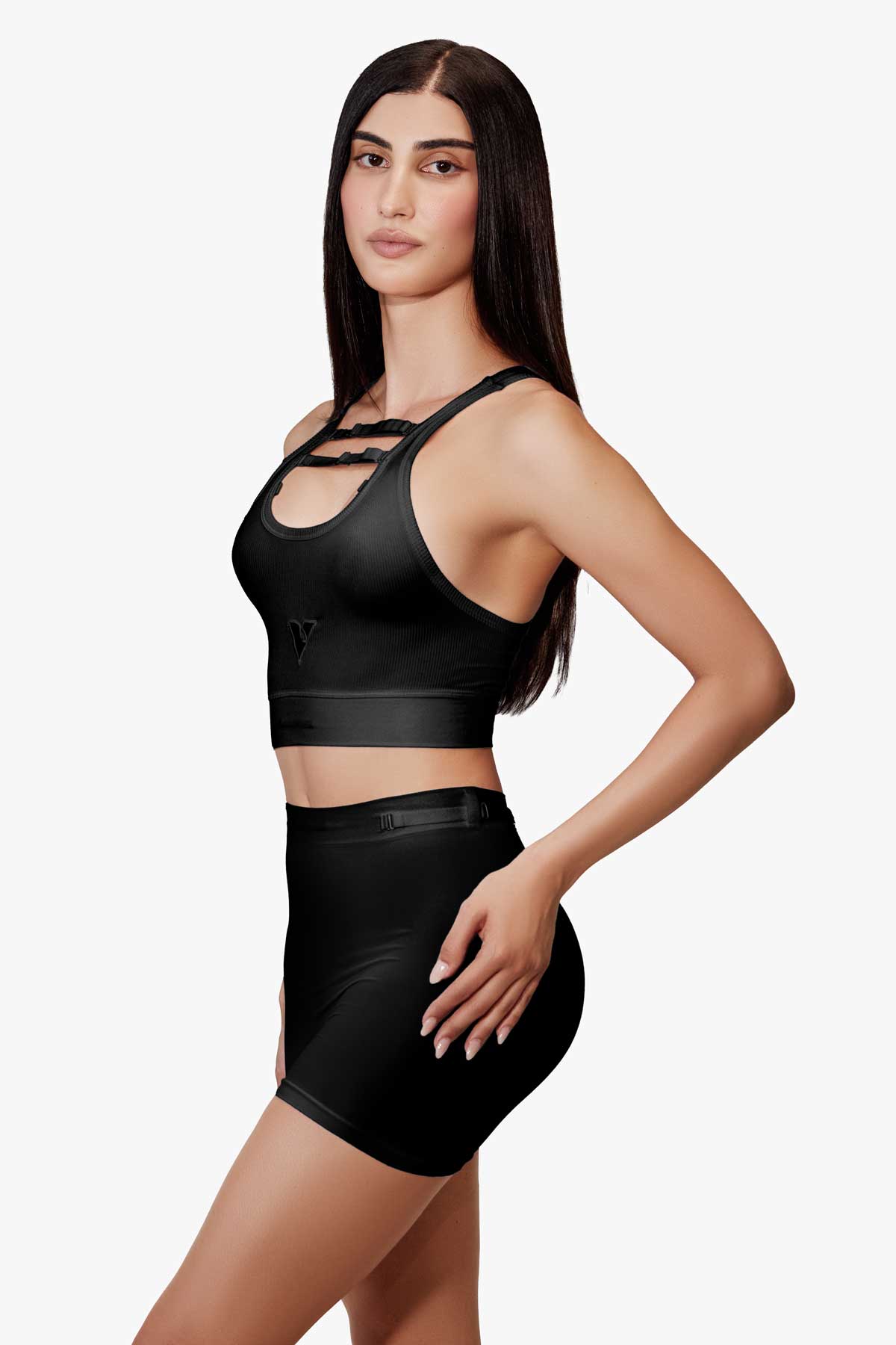 Woman modeling the black Training  5" Trunk with removable straps, three-quarter front view — Color: Black