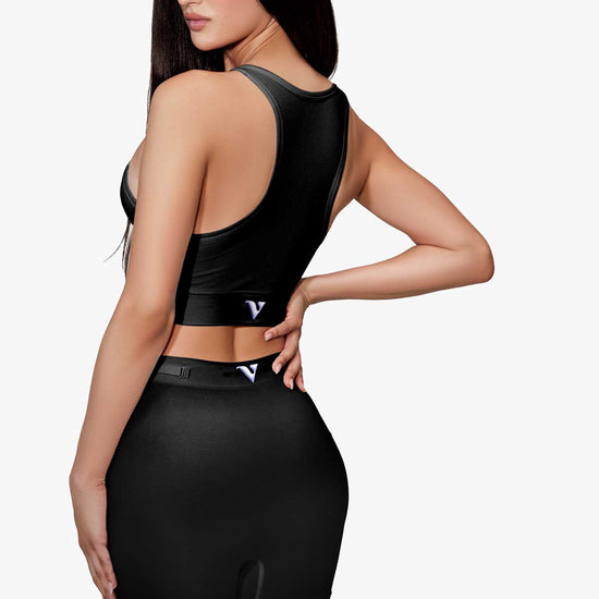 Woman modeling the black Training  5" Trunk with removable straps, three-quarter back view — Color: Black
