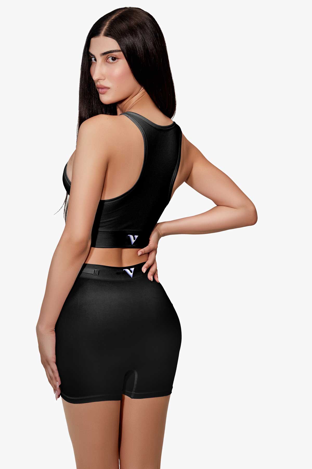 Woman modeling the black Training  5" Trunk with removable straps, three-quarter back view — Color: Black