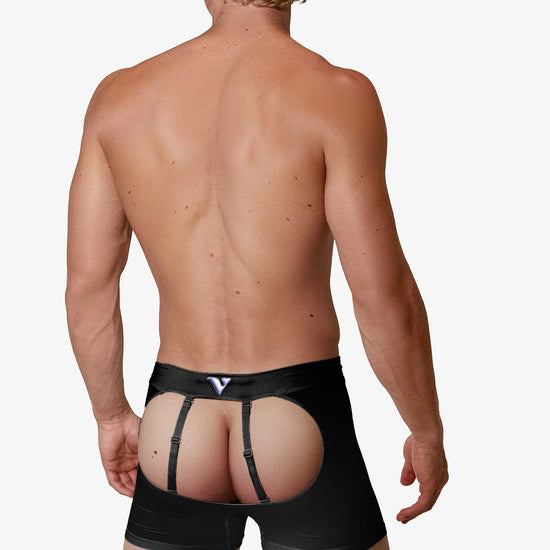 Man modeling the black Sculpt Jockstrap 5" Trunk, full back view — Color: Black