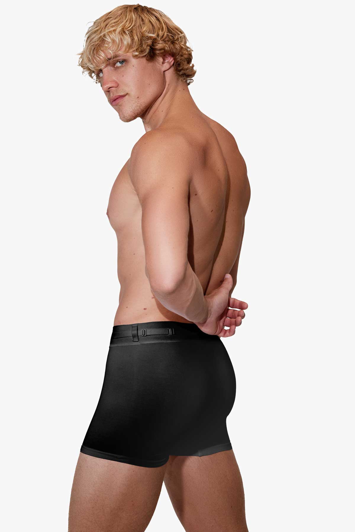 Man modeling the black Training  5" Trunk with removable straps, three-quarter front view — Color: Black