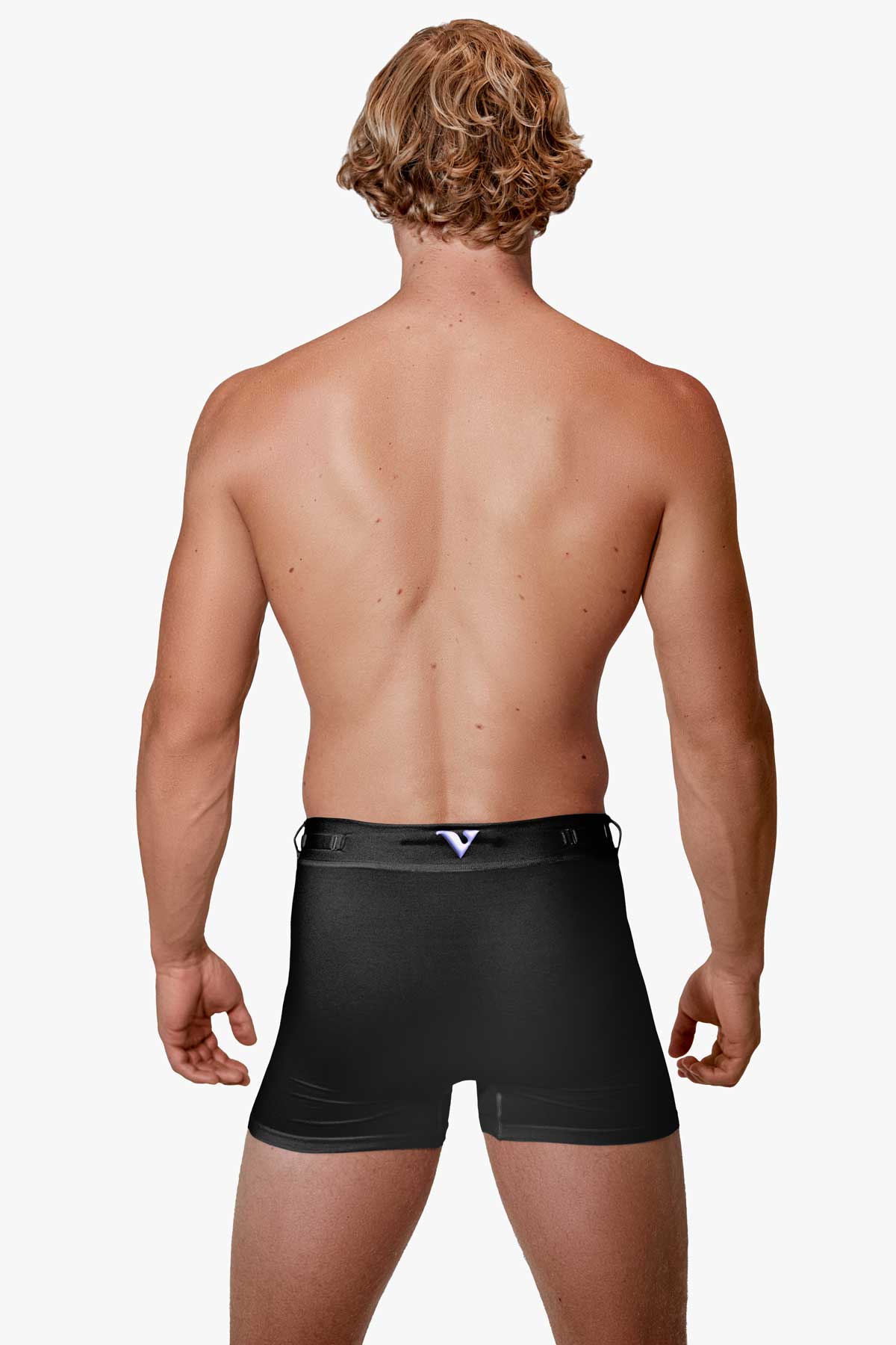 Man modeling the black Training  5" Trunk, full back view — Color: Black