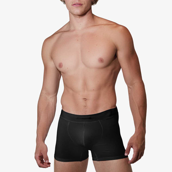 Man modeling the black Sculpt Jockstrap 3" Trunk, front view — Color: Black