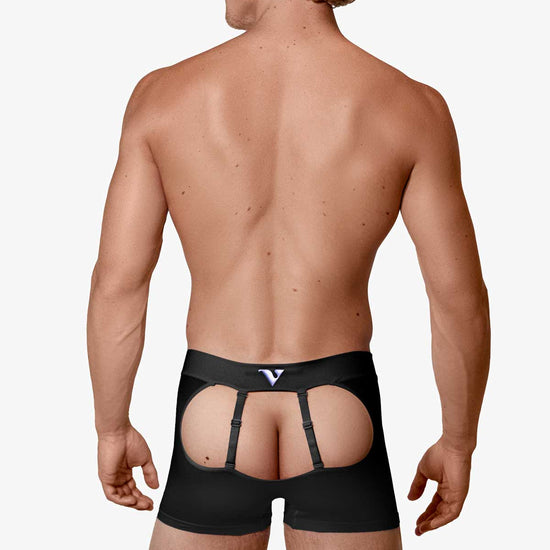 Man modeling the black Sculpt Jockstrap 3" Trunk, full back view — Color: Black
