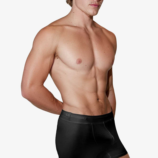 Man modeling the black Training  3" Trunk, front view — Color: Black