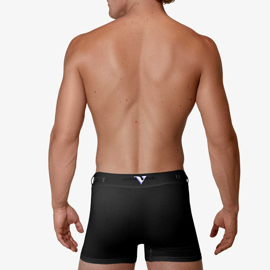 Man modeling the black Training  3" Trunk, full back view — Color: Black