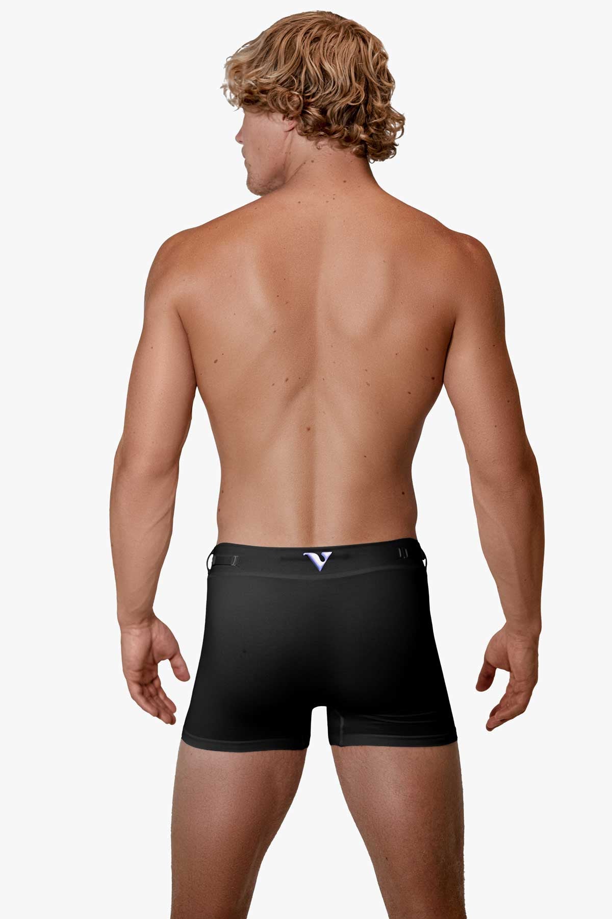 Man modeling the black Training  3" Trunk, full back view — Color: Black