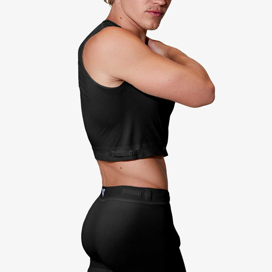Man modeling the black Training  3" Trunk with removable straps, three-quarter back view — Color: Black