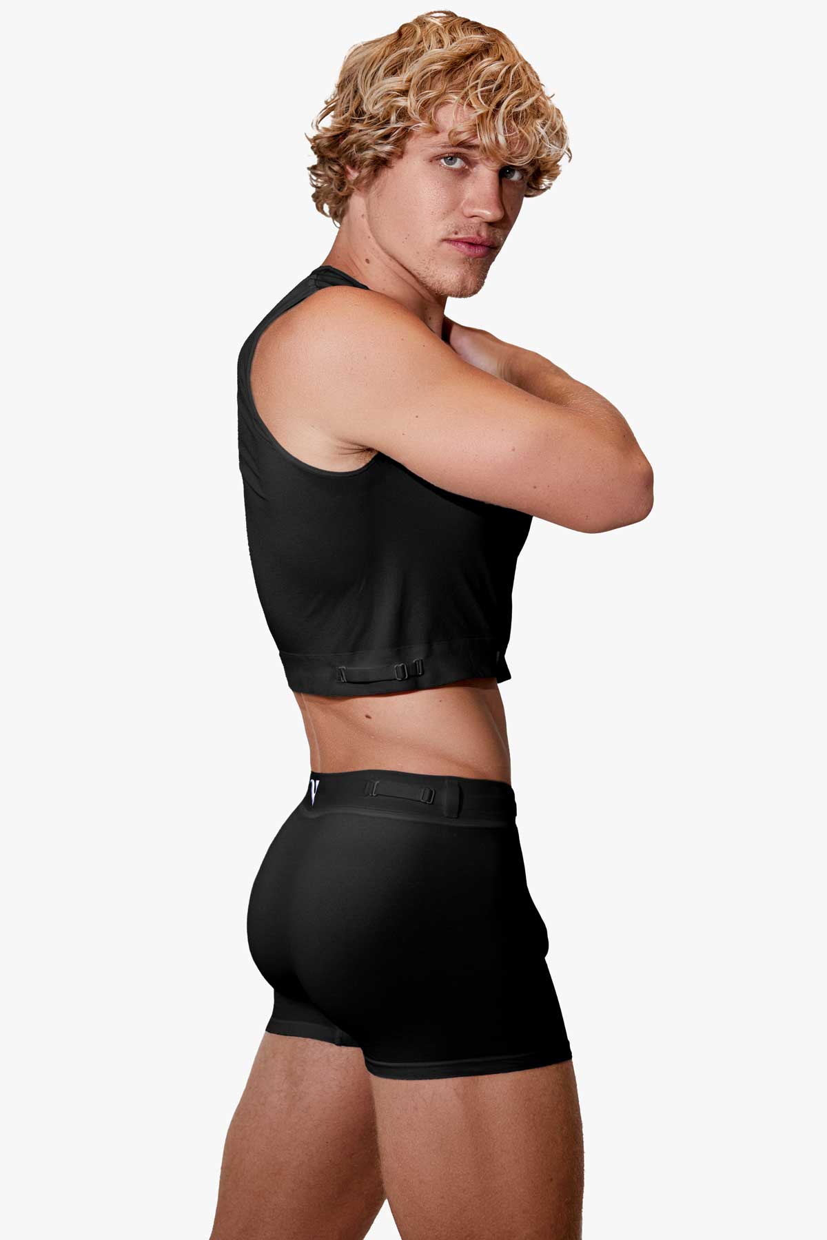Man modeling the black Training  3" Trunk with removable straps, three-quarter back view — Color: Black