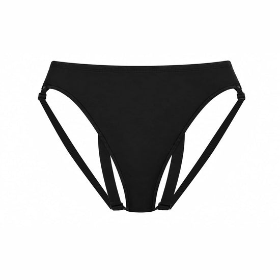 Black jockstrap briefs with side straps and a low-rise silhouette, shown flat against a plain white background.