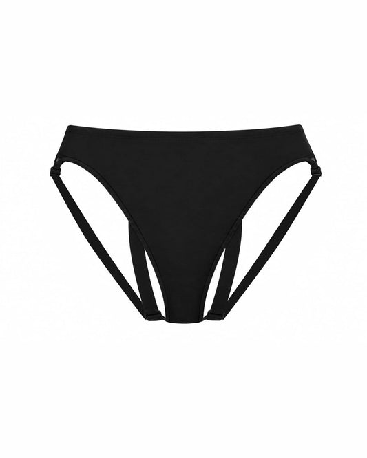 Black jockstrap briefs with side straps and a low-rise silhouette, shown flat against a plain white background.