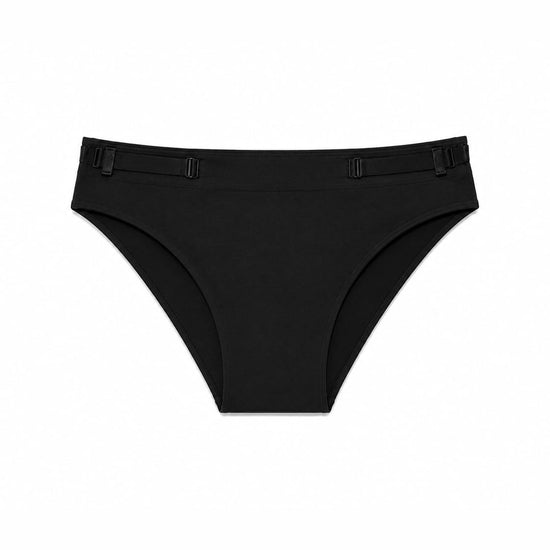 Black briefs with a wide waistband and two small side tabs, photographed flat against a plain white background.