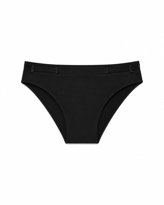 Black briefs with a wide waistband and two small side tabs, photographed flat against a plain white background.