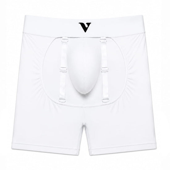 Men’s white smooth pouch-fit Sculpt Jockstrap 5" Trunk, back product view — Color: White