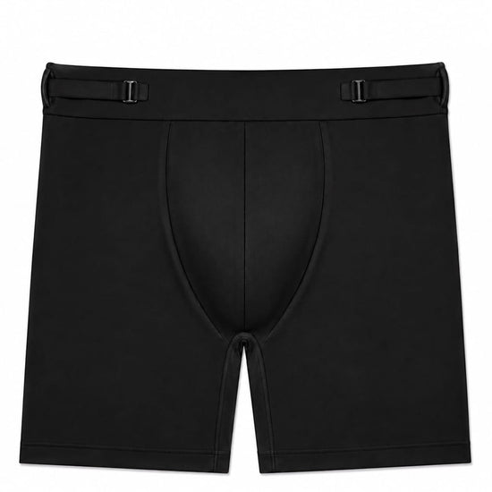 Men's black smooth pouch-fit Training  5" Trunk, front product view — Color: Black