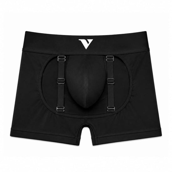 Men’s black smooth pouch-fit Sculpt Jockstrap 3" Trunk, back product view — Color: Black