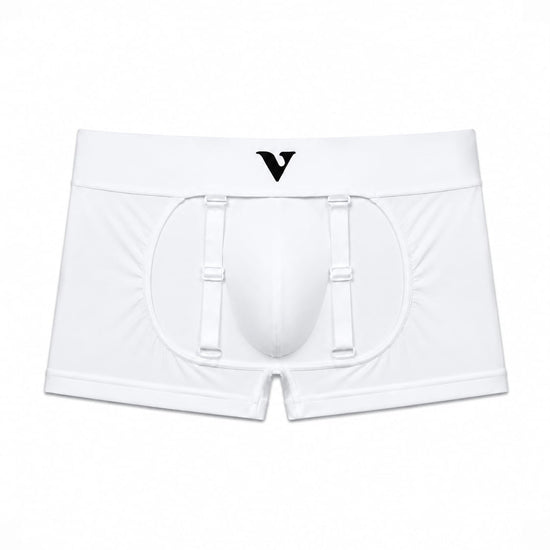 Men’s white smooth pouch-fit Sculpt Jockstrap 3" Trunk, back product view — Color: White