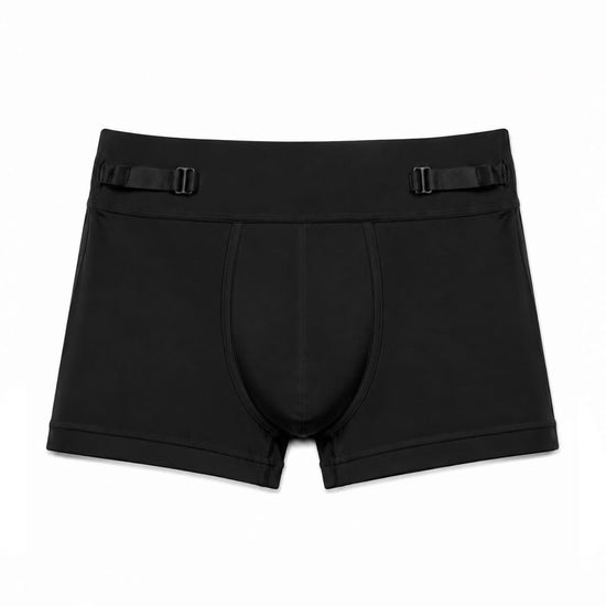 Men's black smooth pouch-fit Training  3" Trunk, front product view — Color: Black