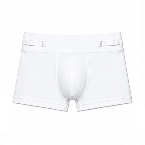 Men's white smooth pouch-fit Training  3" Trunk, front product view — Color: White