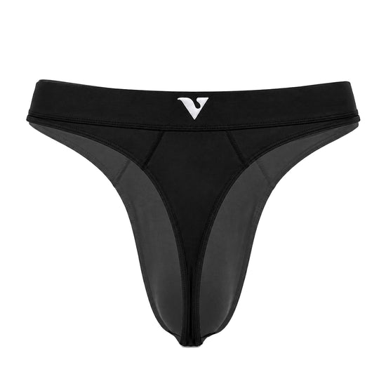 Men's black smooth pouch-fit Core Thong, back product view — Color: Black