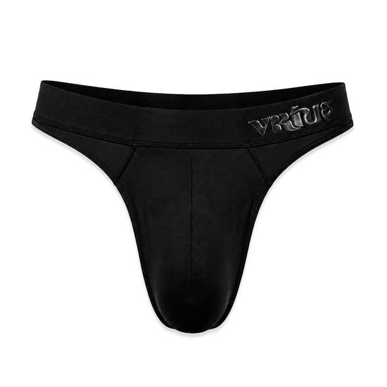 Men's black smooth pouch-fit Core Thong, front product view — Color: Black