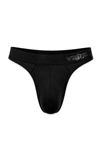 Men's black smooth pouch-fit Core Thong, front product view — Color: Black