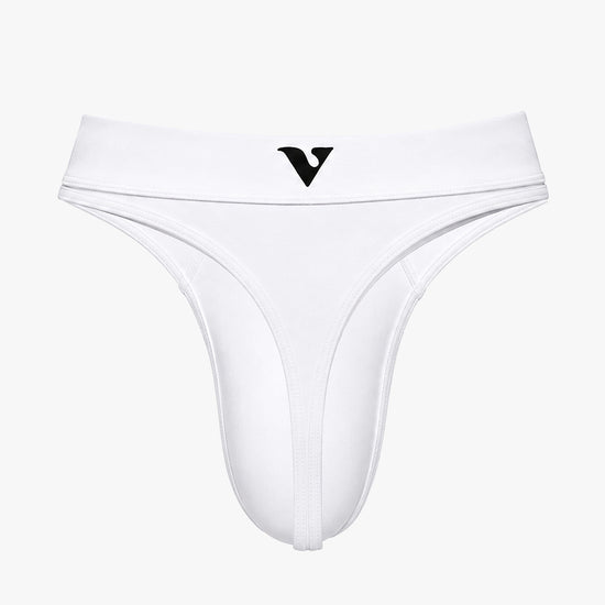 Men's white smooth pouch-fit Core Thong, back product view — Color: White