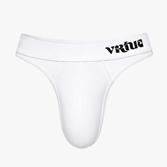 Men's white smooth pouch-fit Core Thong, front product view — Color: White