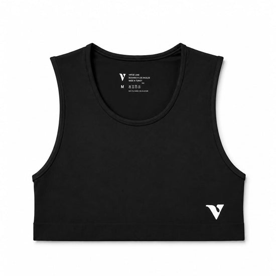 Black Mini Crop Top with Virtue logo, front product view — Color: Black