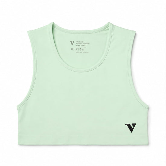 Mint Mini Crop Top with Virtue logo, front product view — Color: Mint