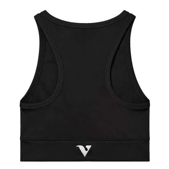 Black Compression Crop Top with Virtue logo, back product view — Color: Black