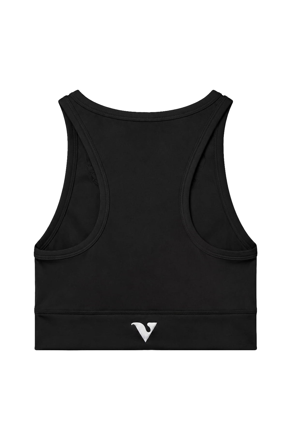 Black Compression Crop Top with Virtue logo, back product view — Color: Black
