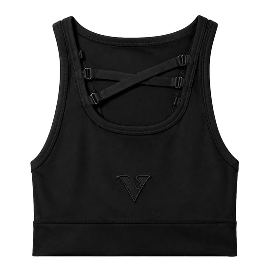 Black Compression Crop Top with adjustable strap details and Virtue logo, front product view — Color: Black