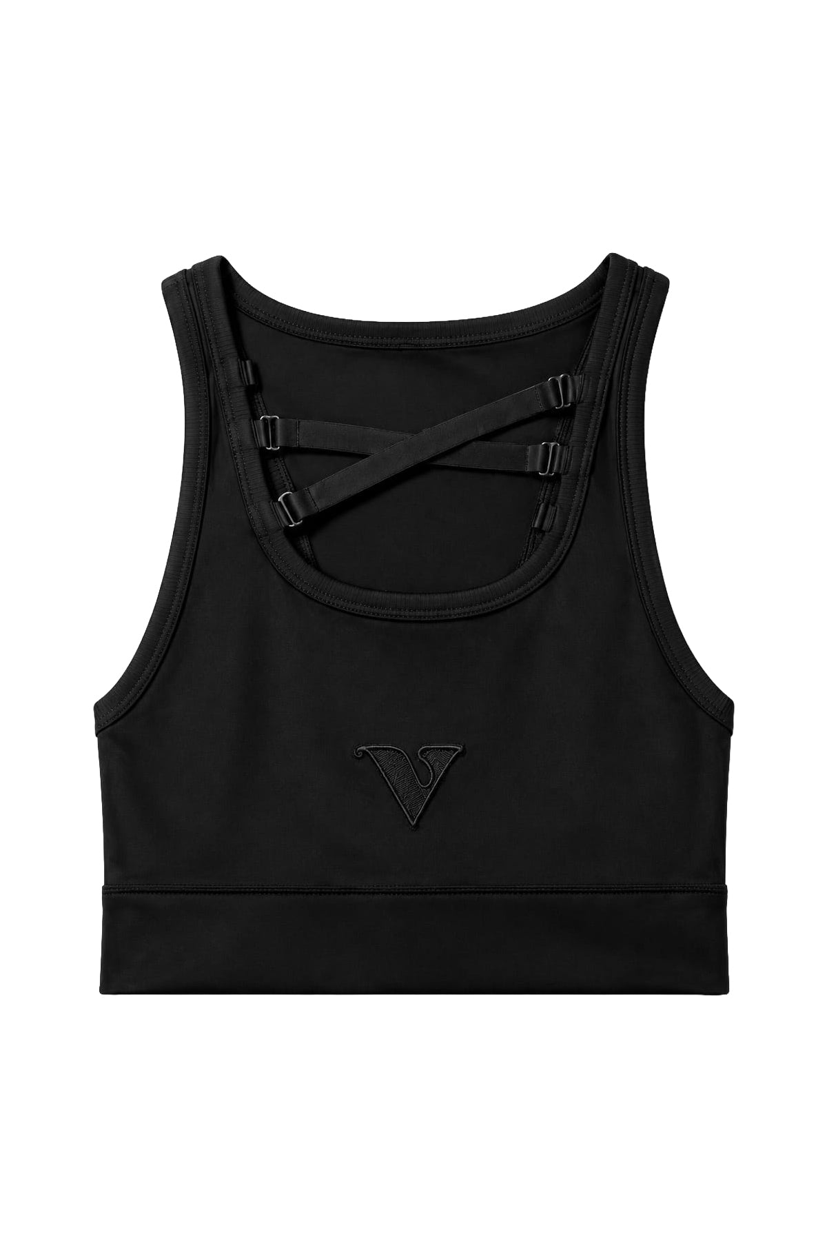 Black Compression Crop Top with adjustable strap details and Virtue logo, front product view — Color: Black