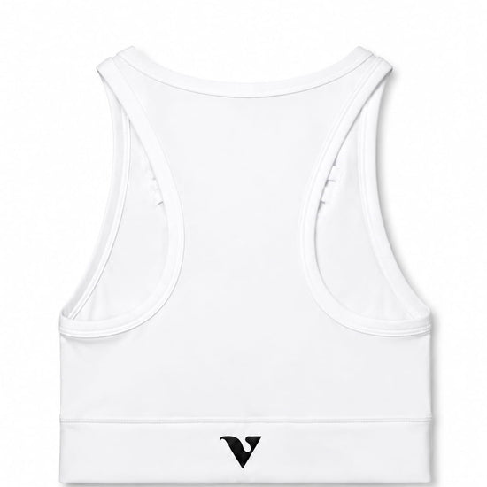 White Compression Crop Top with Virtue logo, back product view — Color: White