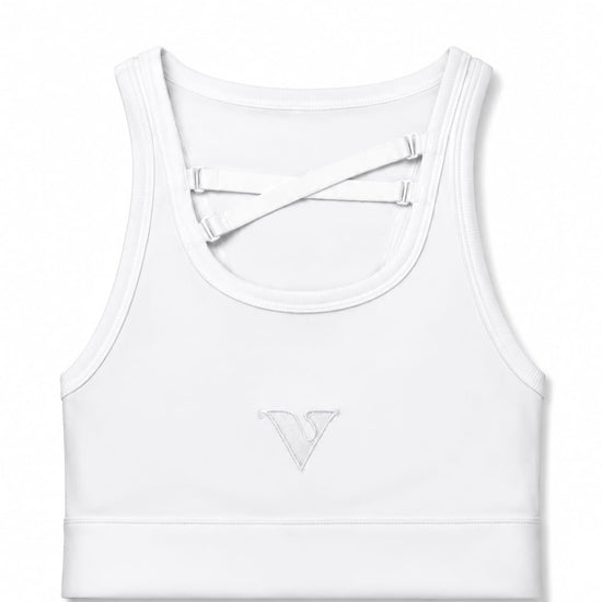 White Compression Crop Top with adjustable strap details and Virtue logo, front product view — Color: White