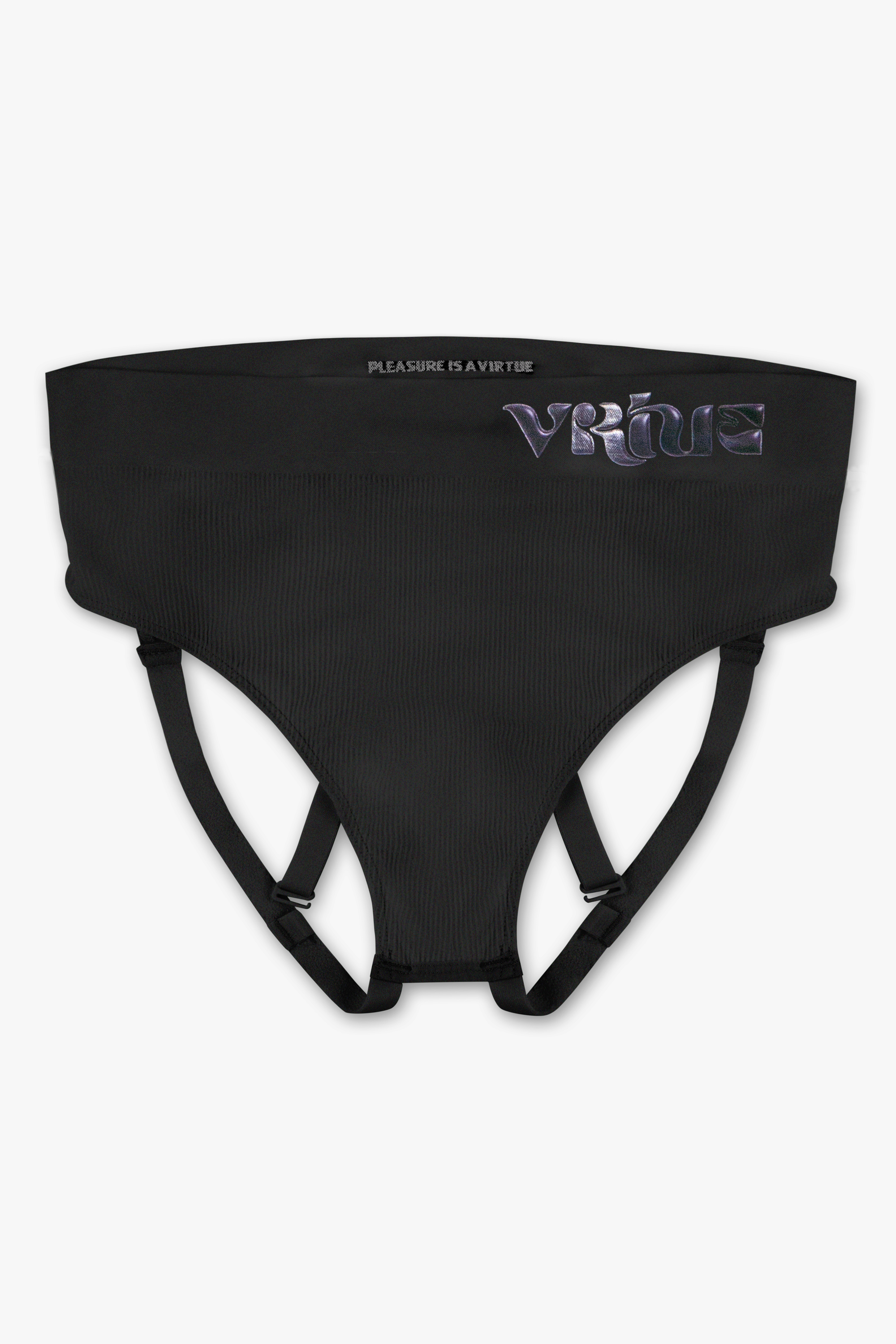 Virtue Strap Brief Jockstrap Compact Fit Rib Knit Black Color Front View
