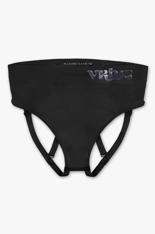 Virtue Strap Brief Jockstrap Compact Fit Rib Knit Black Color Front View