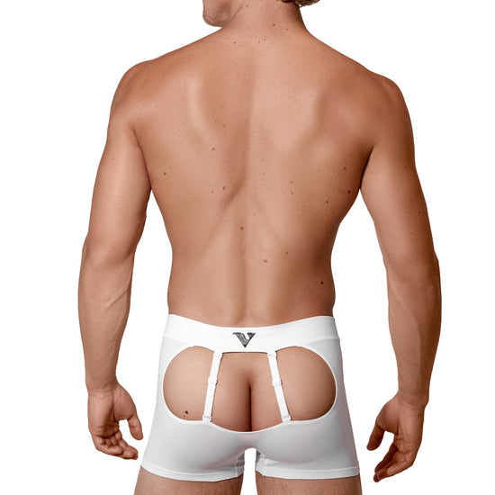 Man modeling the white Sculpt Jockstrap 3" Trunk, full back view — Color: White