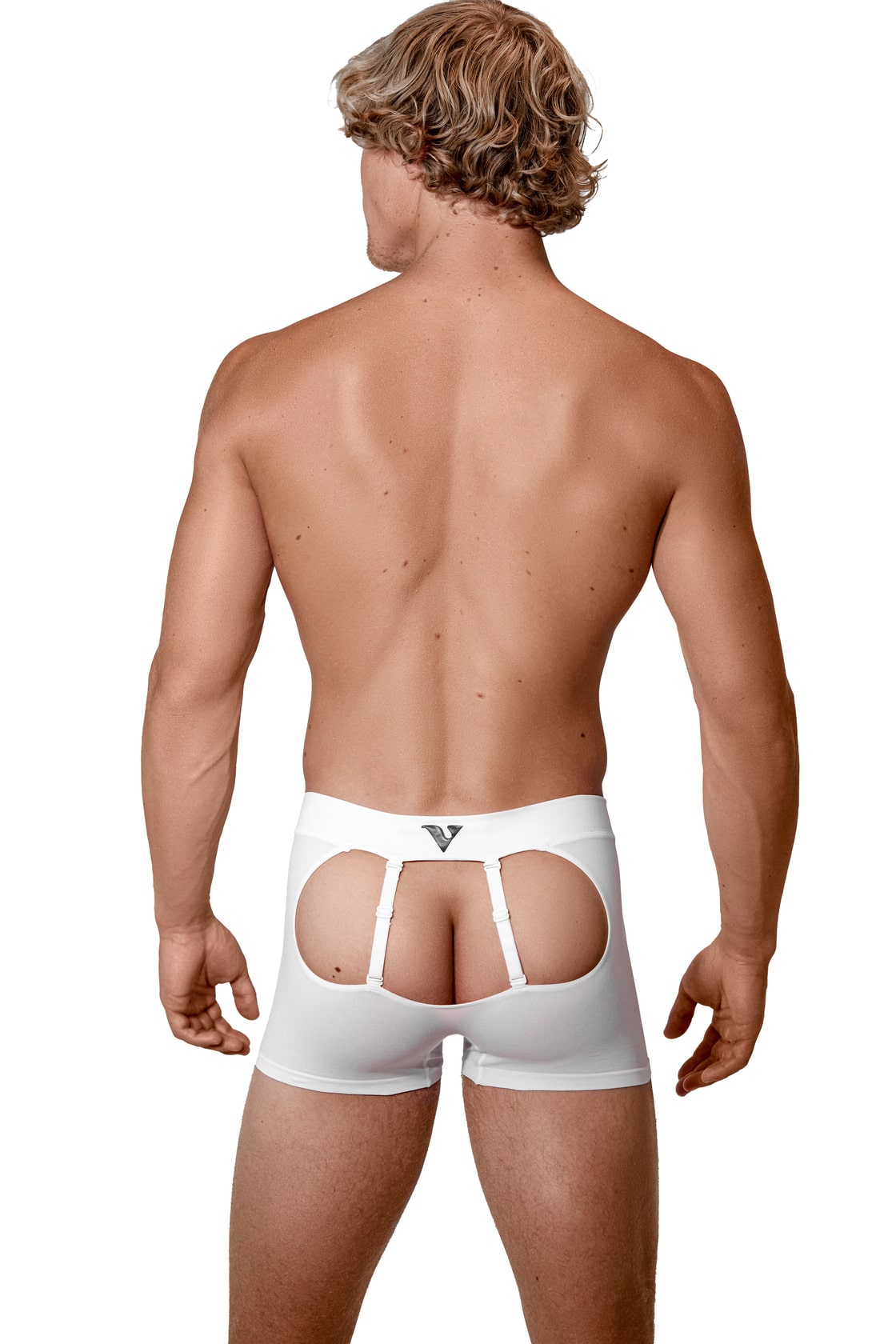 Man modeling the white Sculpt Jockstrap 3" Trunk, full back view — Color: White