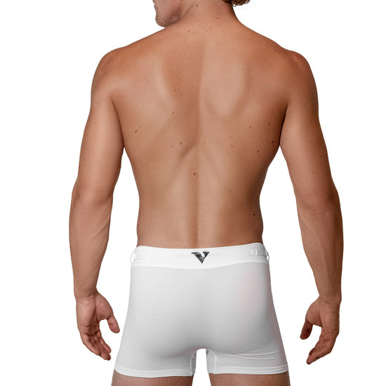 Man modeling the white Training  3" Trunk, full back view — Color: White