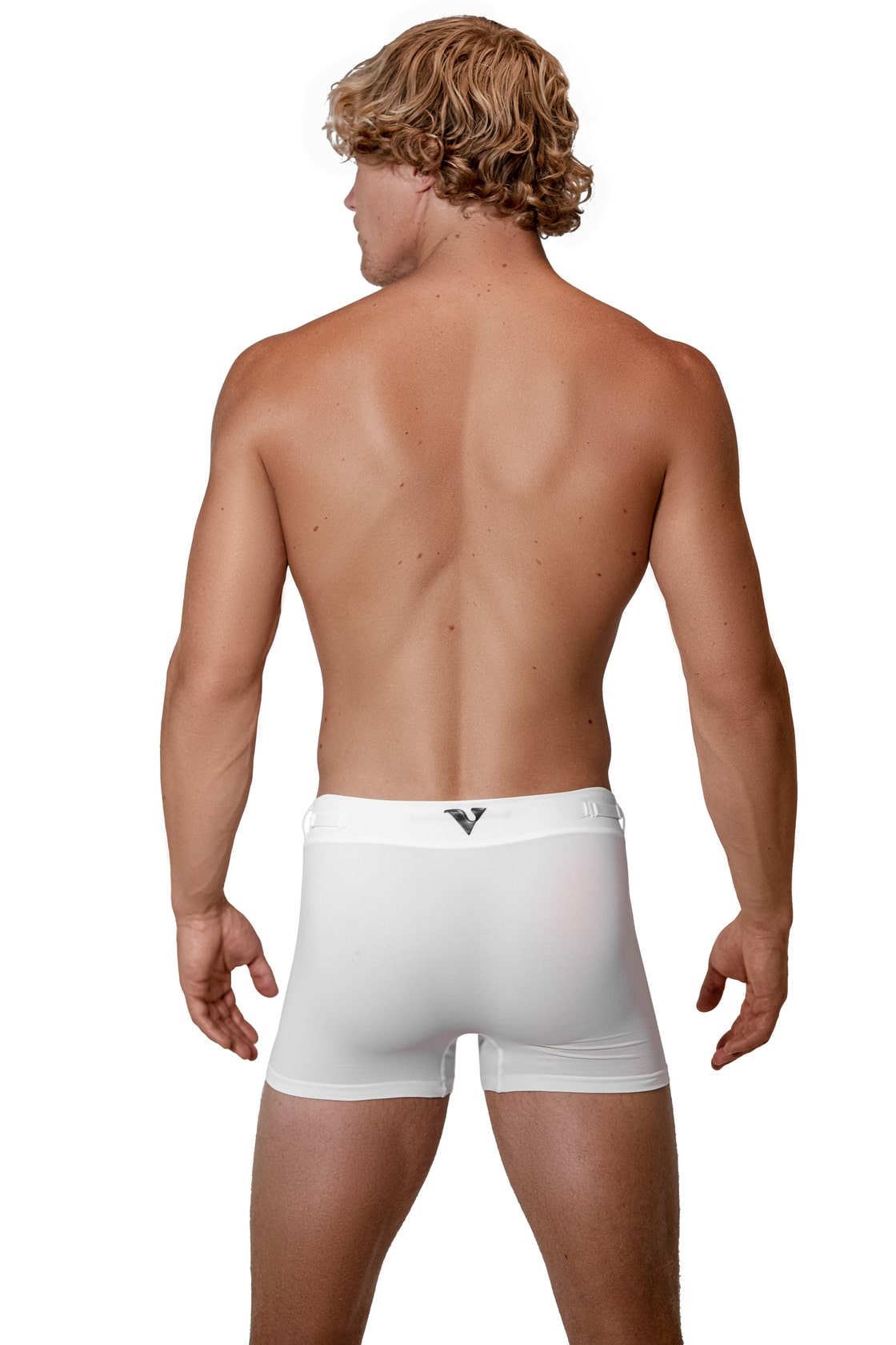 Man modeling the white Training  3" Trunk, full back view — Color: White