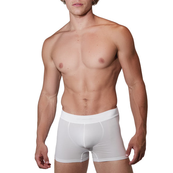 Man modeling the white Training  3" Trunk, front view — Color: White