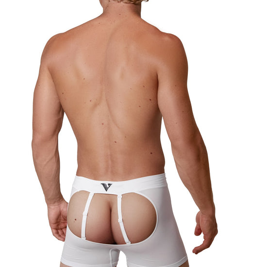 Man modeling the white Sculpt Jockstrap 5" Trunk, full back view — Color: White
