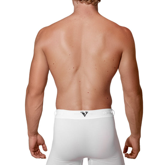 Man modeling the white Training  5" Trunk, full back view — Color: White